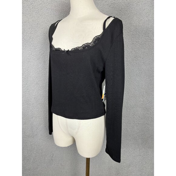 Sugar Moon Juniors' Women's Black Long Sleeve Lace-Trim Top Size XL NWT's - Picture 4 of 8